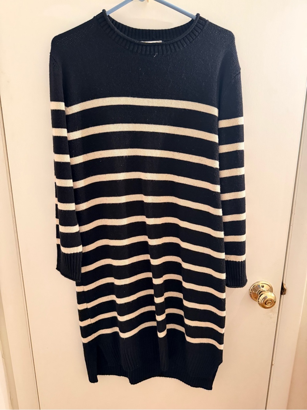 Jessica Simpson Black and Cream Striped Crewneck Sweater Dress